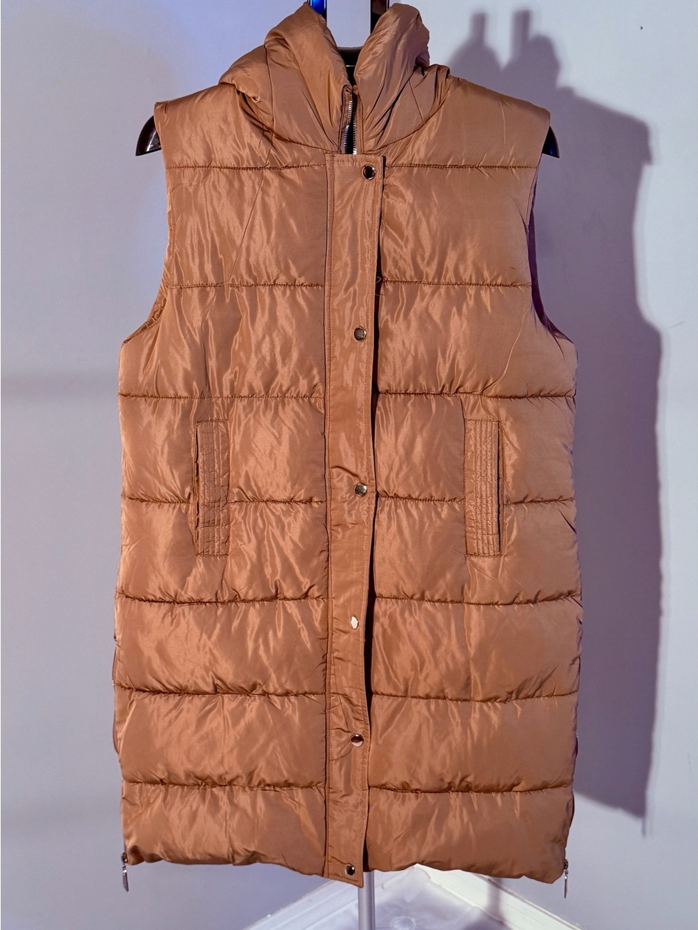 Women’s Long Brown Sleeveless Puffer Vest with Hood